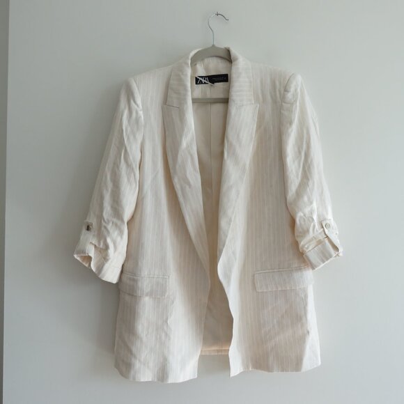 ZARA Linen Blend Neutral Oatmeal Stripe Roll Tab Sleeve Blazer Preppy - Size M - Picture 2 of 12